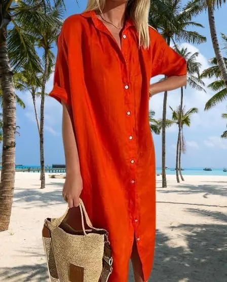 Womens Maxi Dress Button Down Rolled-Up Sleeve Cotton Linen Casual Dress Summer Vacation Beach Sundress