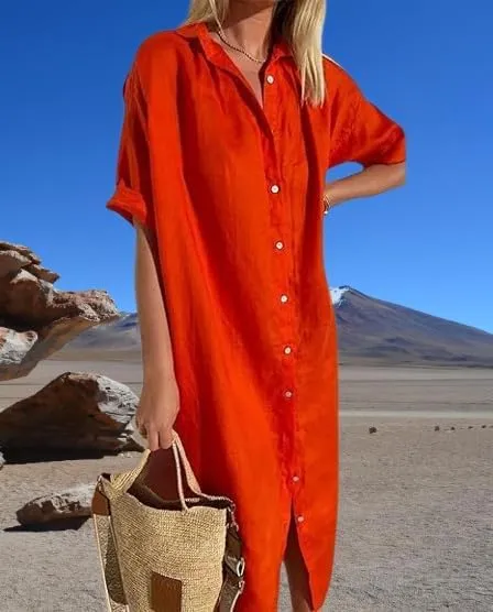 Womens Maxi Dress Button Down Rolled-Up Sleeve Cotton Linen Casual Dress Summer Vacation Beach Sundress