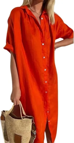 Womens Maxi Dress Button Down Rolled-Up Sleeve Cotton Linen Casual Dress Summer Vacation Beach Sundress