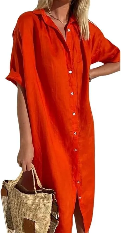 Womens Maxi Dress Button Down Rolled-Up Sleeve Cotton Linen Casual Dress Summer Vacation Beach Sundress