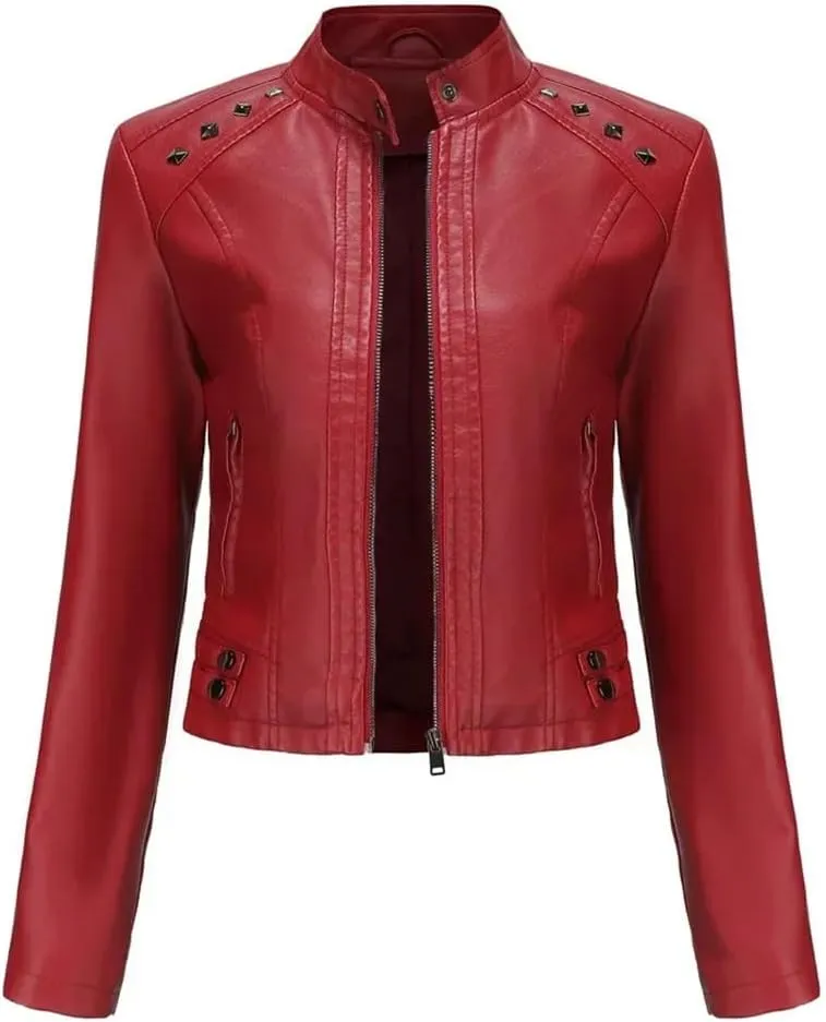 Women's Moto Biker Zipper Jacket Faux Leather Winter Coat Short Rivet Women's Clothing