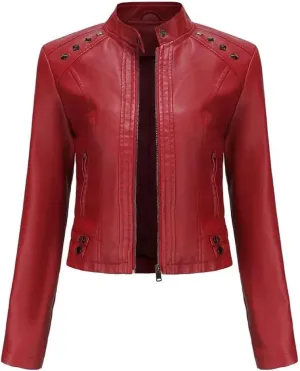 Women's Moto Biker Zipper Jacket Faux Leather Winter Coat Short Rivet Women's Clothing