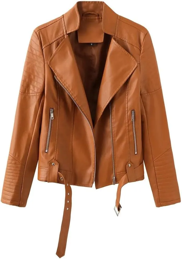 Women's Moto Biker Zipper Jacket Winter Faux Leather Jacket Short Outerwear Women's Top