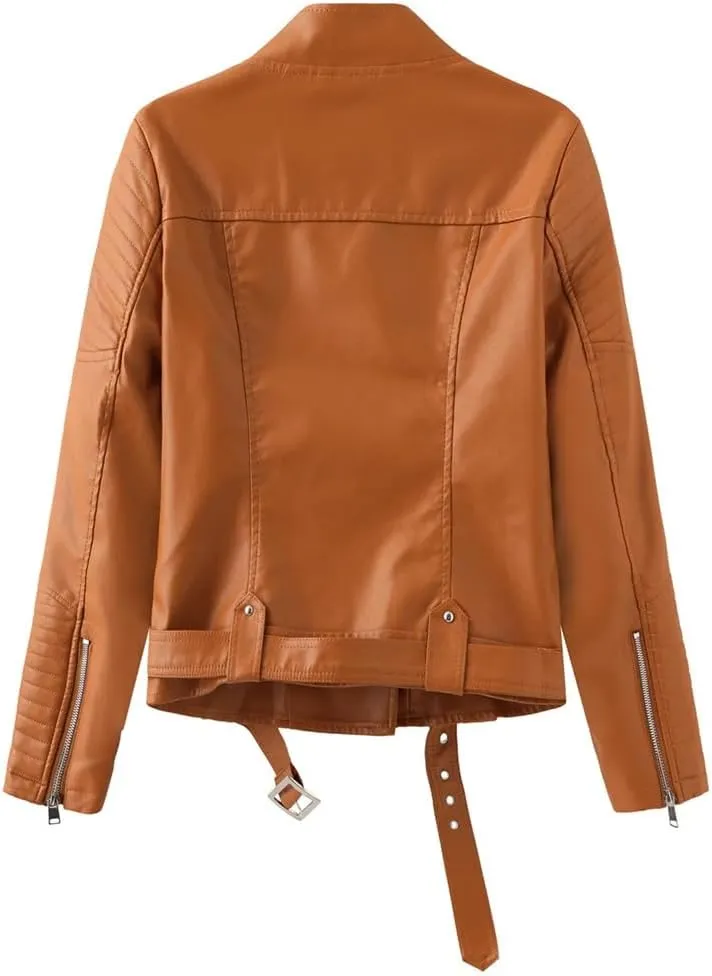 Women's Moto Biker Zipper Jacket Winter Faux Leather Jacket Short Outerwear Women's Top