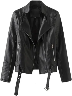 Women's Moto Biker Zipper Jacket Winter Faux Leather Jacket Short Outerwear Women's Top