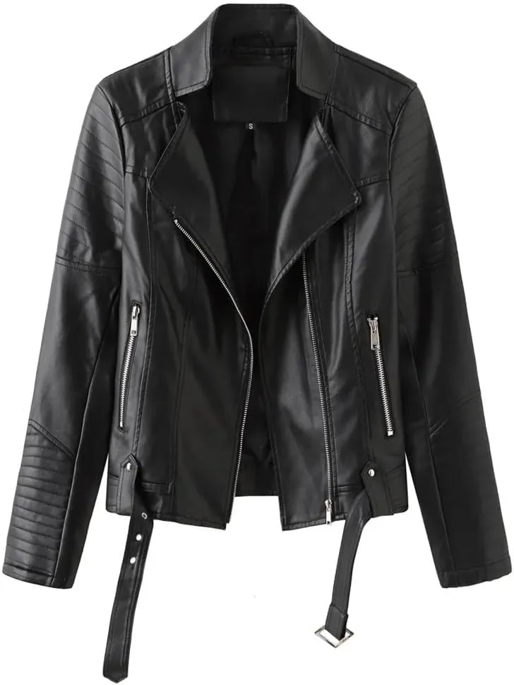Women's Moto Biker Zipper Jacket Winter Faux Leather Jacket Short Outerwear Women's Top