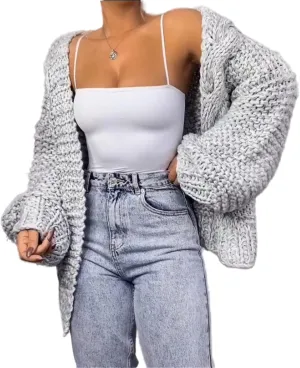 Womens Open Front Long Sleeve Chunky Knit Cardigan Sweaters Loose Outwear Coat