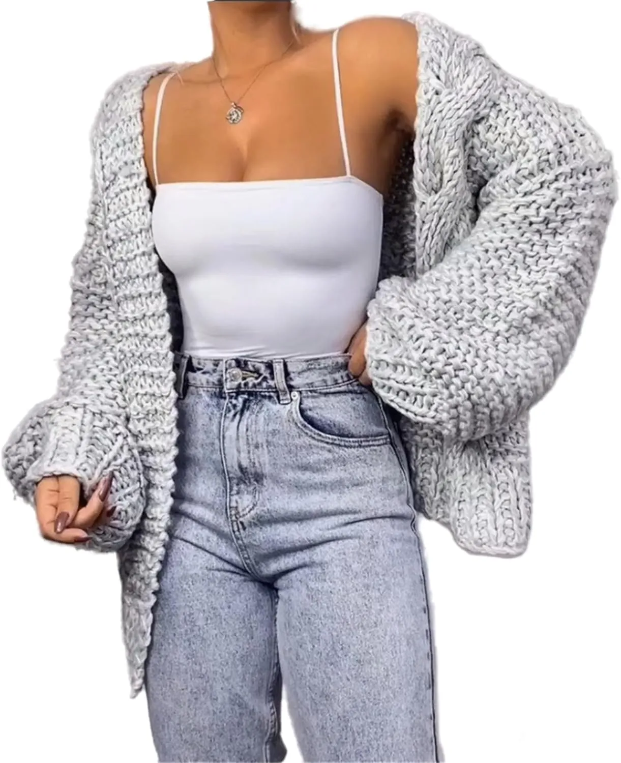 Womens Open Front Long Sleeve Chunky Knit Cardigan Sweaters Loose Outwear Coat