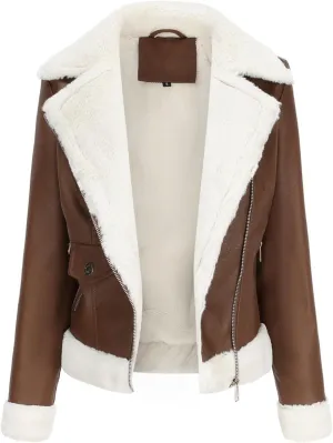 Womens Oversized Leather Jackets, Faux Shearing Moto Biker Jacket, Thick Lined Winter Shearling Coat