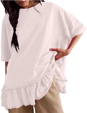 Womens Oversized Tee Shirt Casual Short Sleeve Ruffle Hem Shirts Loose Crew Neck Summer Tops