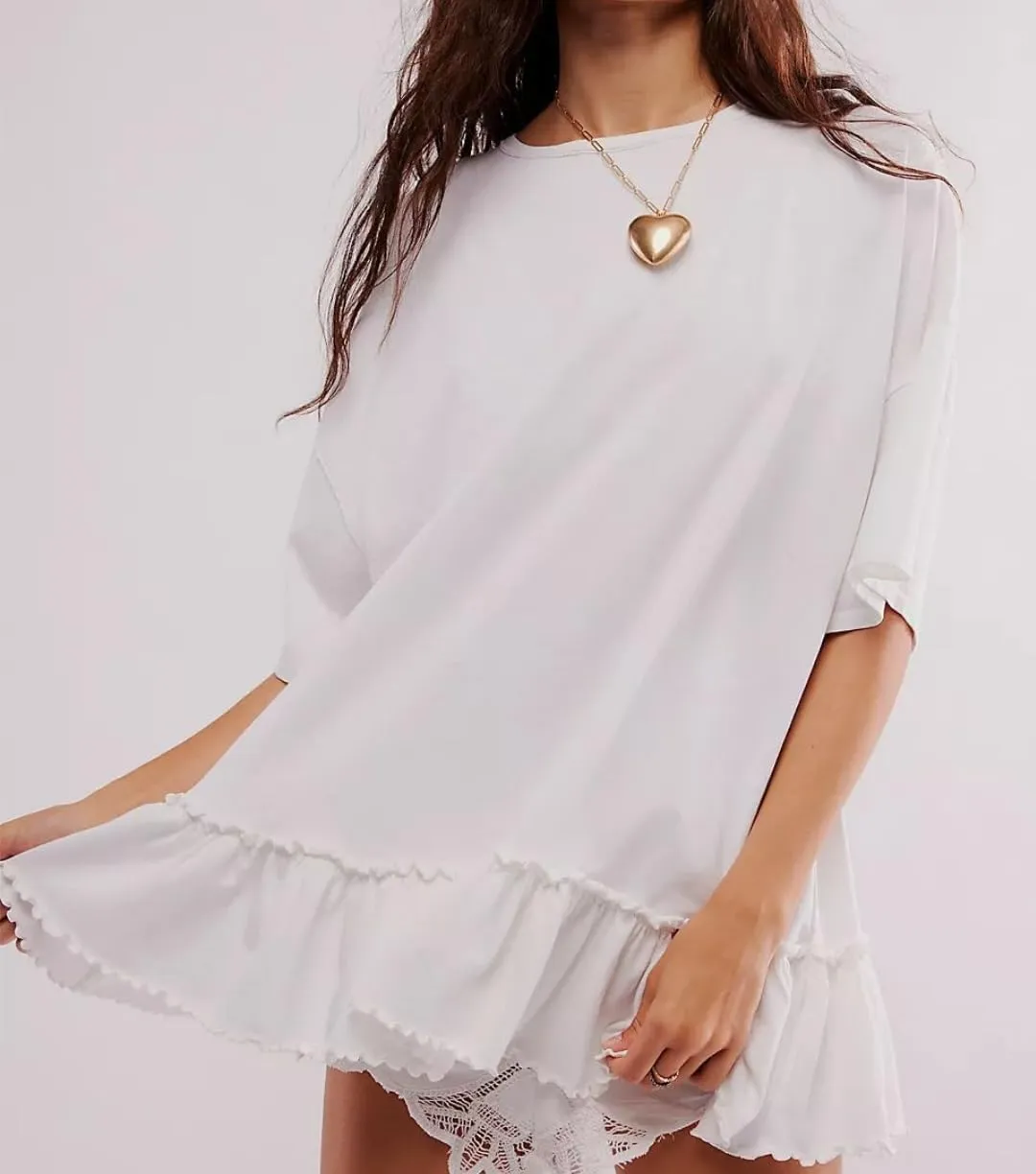 Womens Oversized Tee Shirt Casual Short Sleeve Ruffle Hem Shirts Loose Crew Neck Summer Tops