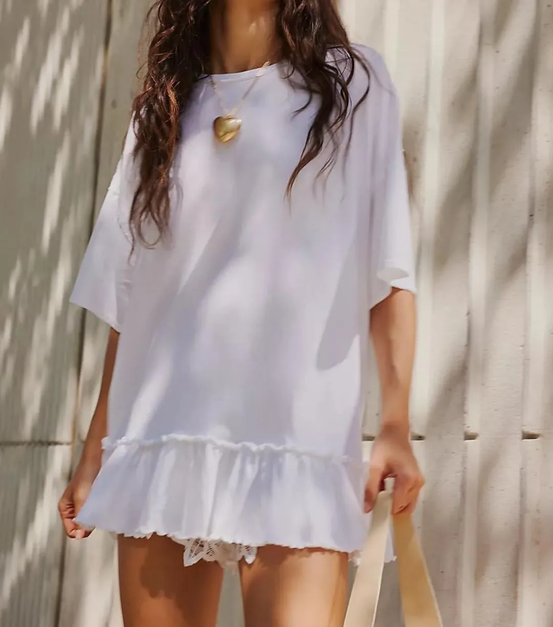 Womens Oversized Tee Shirt Casual Short Sleeve Ruffle Hem Shirts Loose Crew Neck Summer Tops