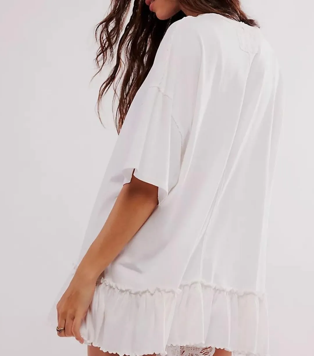 Womens Oversized Tee Shirt Casual Short Sleeve Ruffle Hem Shirts Loose Crew Neck Summer Tops