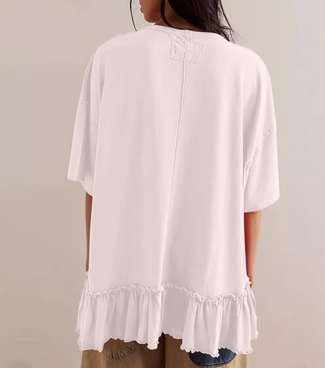 Womens Oversized Tee Shirt Casual Short Sleeve Ruffle Hem Shirts Loose Crew Neck Summer Tops