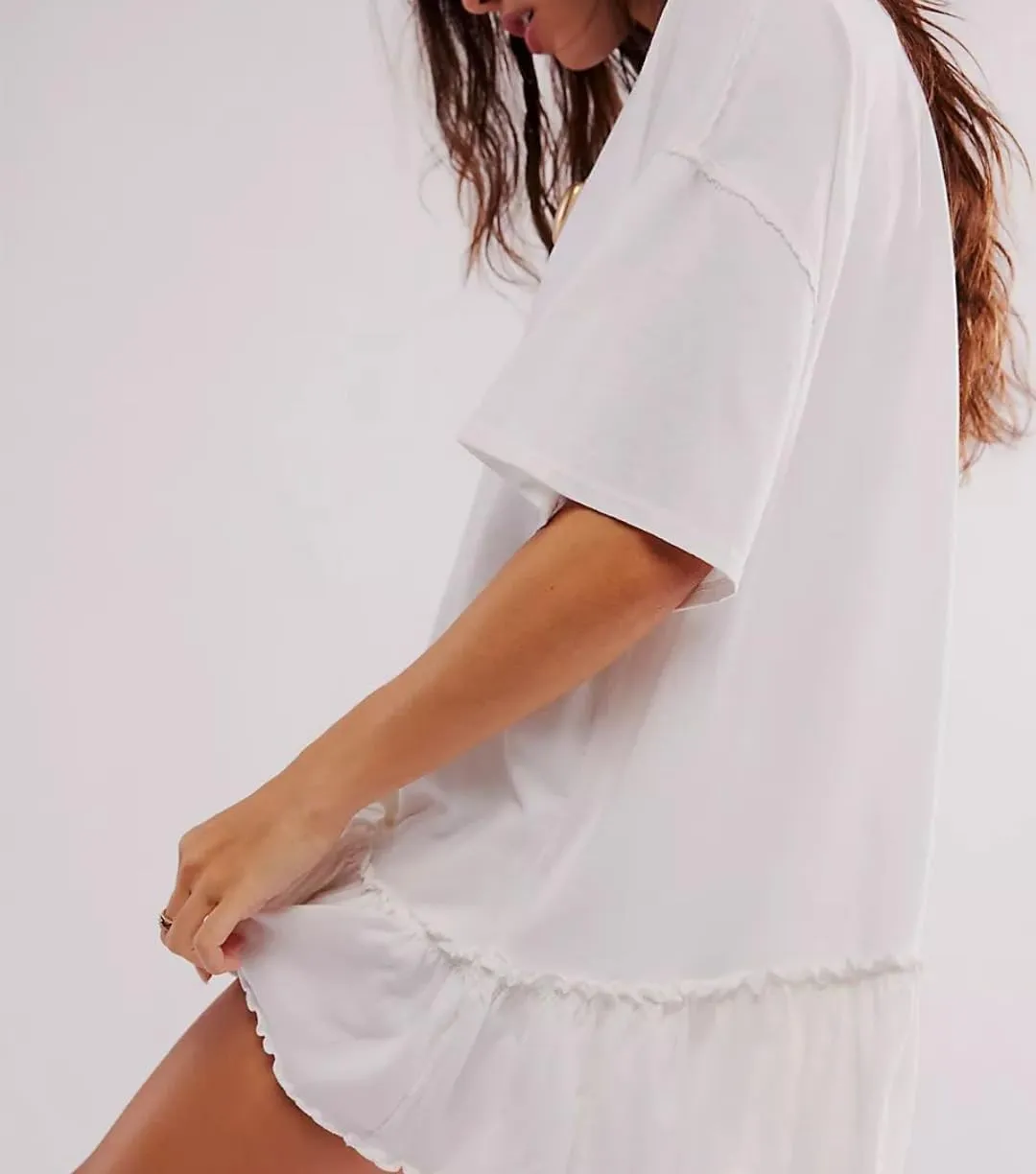 Womens Oversized Tee Shirt Casual Short Sleeve Ruffle Hem Shirts Loose Crew Neck Summer Tops