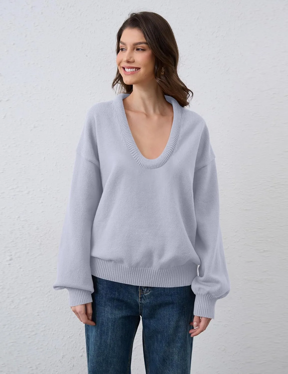 Women's Oversized U Neck Pullover Sweater Long Sleeve Knitted Sweater Chunky Trendy Fall Winter Sweater Tops