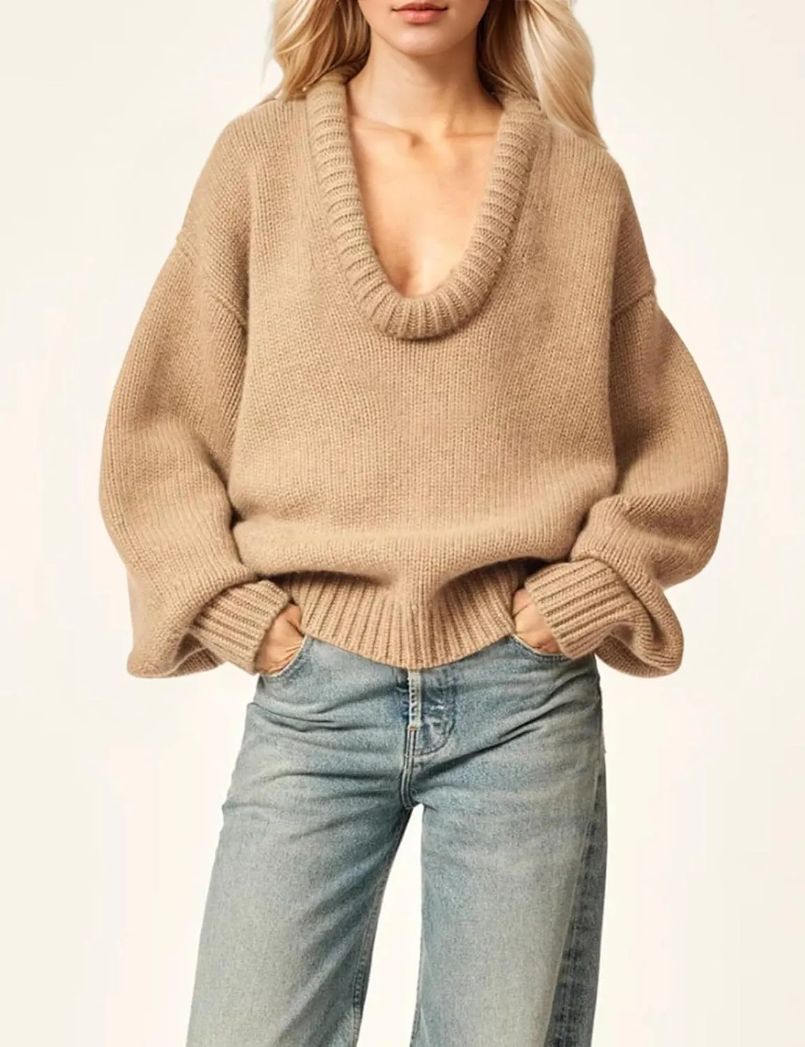 Women's Oversized U Neck Pullover Sweater Long Sleeve Knitted Sweater Chunky Trendy Fall Winter Sweater Tops