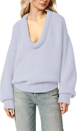 Women's Oversized U Neck Pullover Sweater Long Sleeve Knitted Sweater Chunky Trendy Fall Winter Sweater Tops