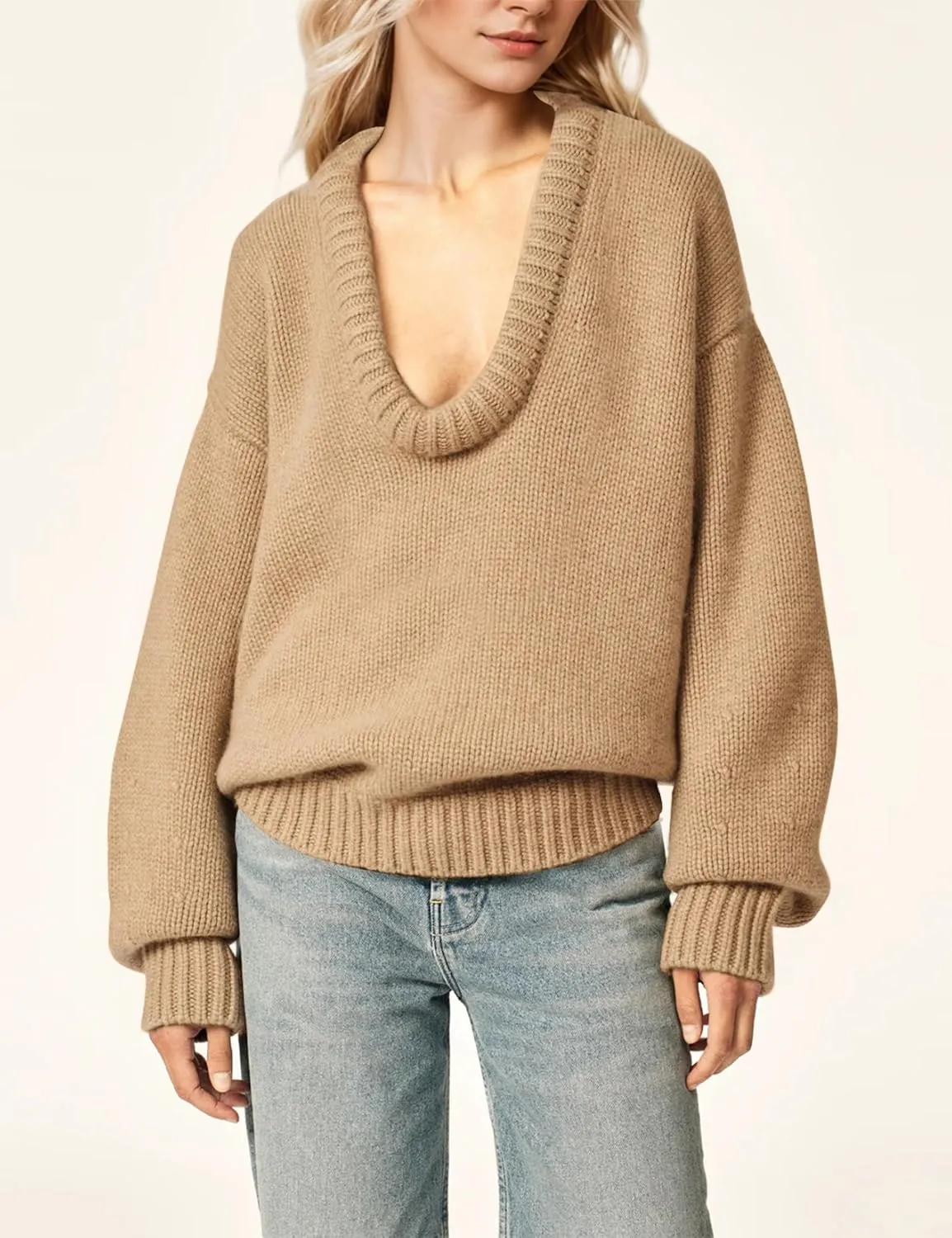 Women's Oversized U Neck Pullover Sweater Long Sleeve Knitted Sweater Chunky Trendy Fall Winter Sweater Tops