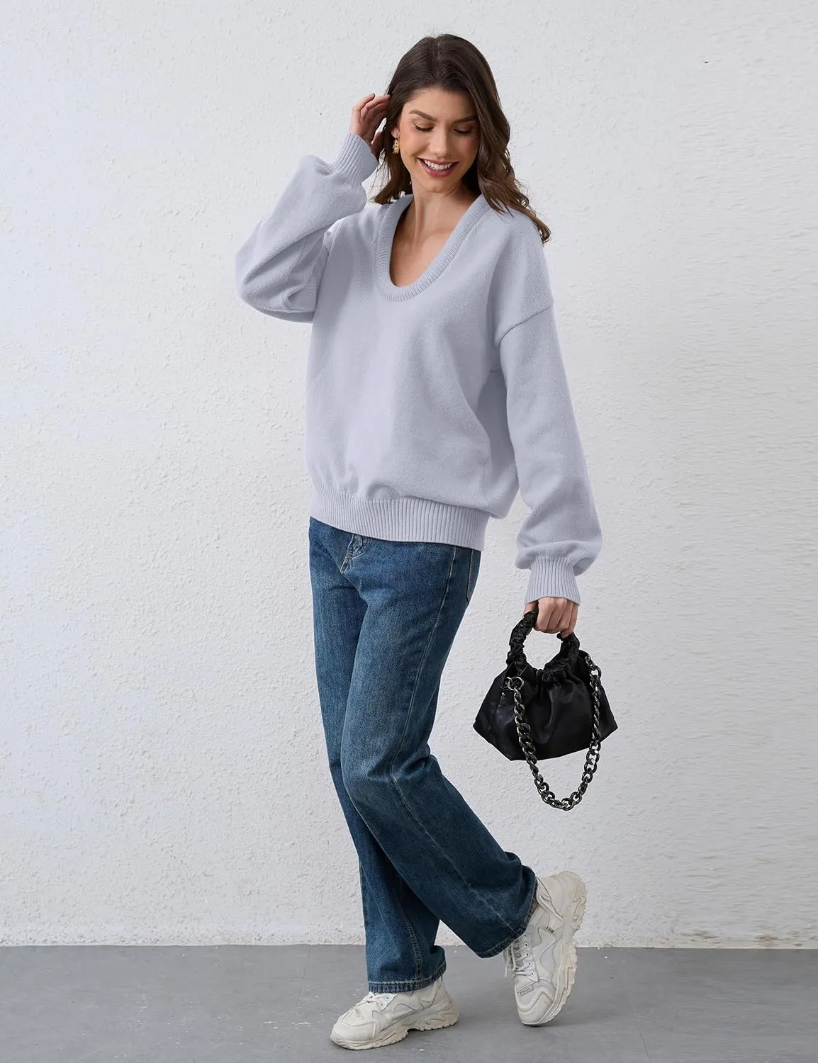 Women's Oversized U Neck Pullover Sweater Long Sleeve Knitted Sweater Chunky Trendy Fall Winter Sweater Tops