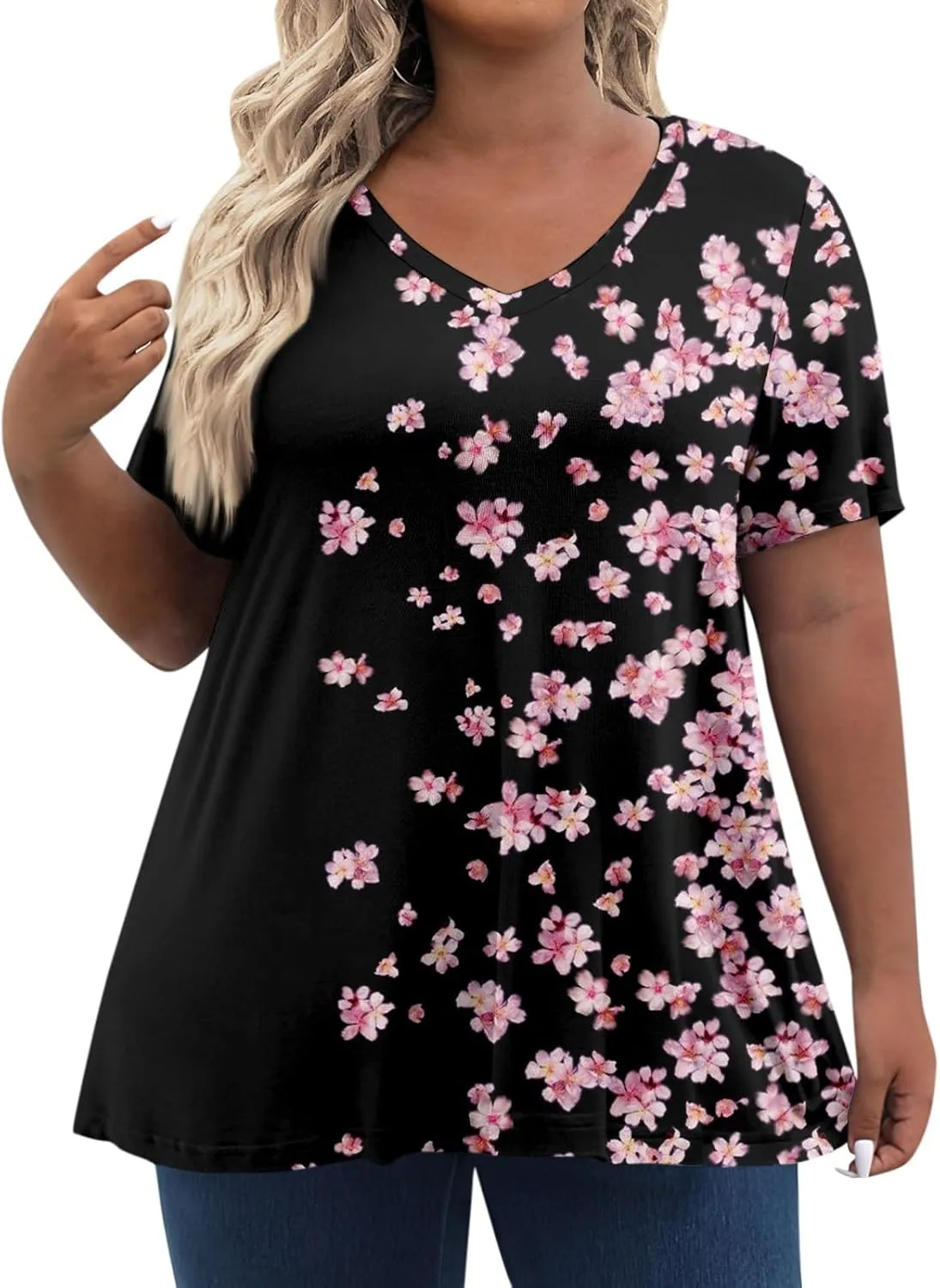 Womens Plus Size Tops Summer Short Sleeve Tunic Shirts Dressy Casual Loose V-Neck Cute Print Blouses