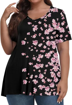 Womens Plus Size Tops Summer Short Sleeve Tunic Shirts Dressy Casual Loose V-Neck Cute Print Blouses