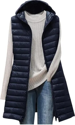 Womens Puffer Vest 2024 Lightweight Quilted Jacket Long Winter Sleeveless Slim Fit Hooded Zip Thicken Warm Down Coats