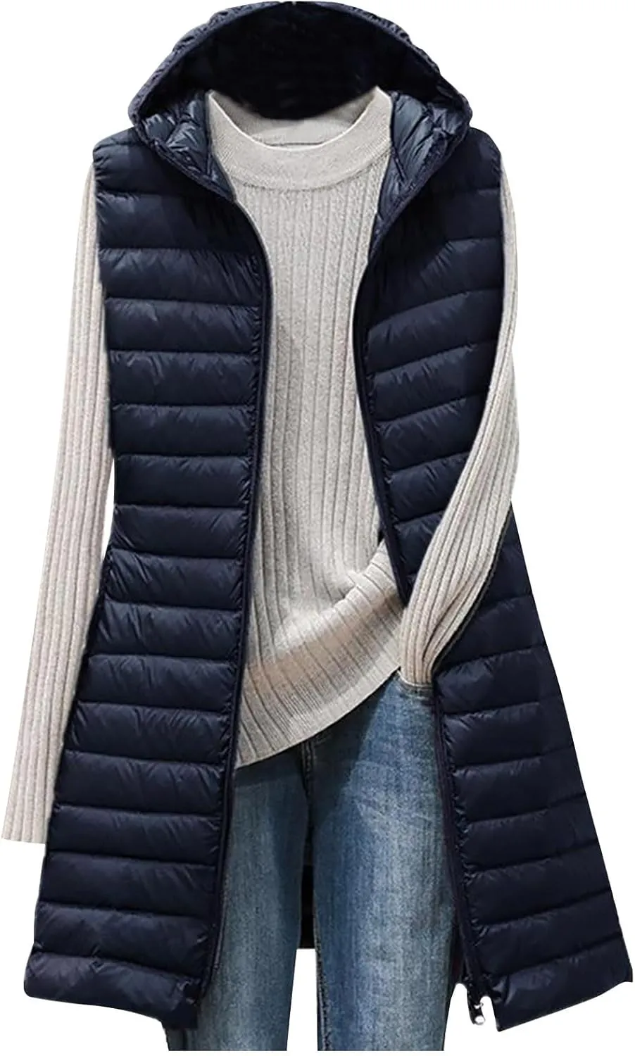Womens Puffer Vest 2024 Lightweight Quilted Jacket Long Winter Sleeveless Slim Fit Hooded Zip Thicken Warm Down Coats