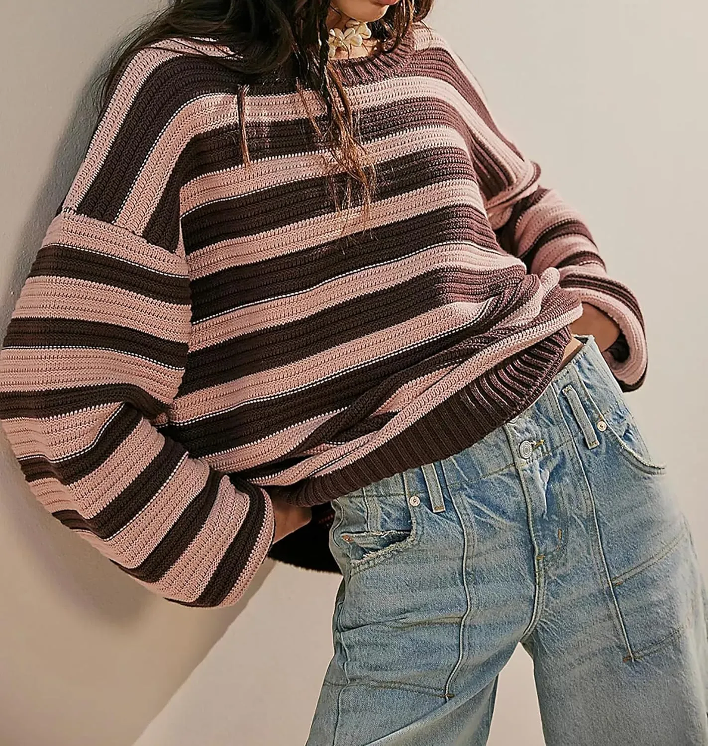 Women's Pullover Oversized Striped Sweaters 2025 Crewneck Batwing Long Sleeve Knit Tops Fall Winter Sweater Jumper