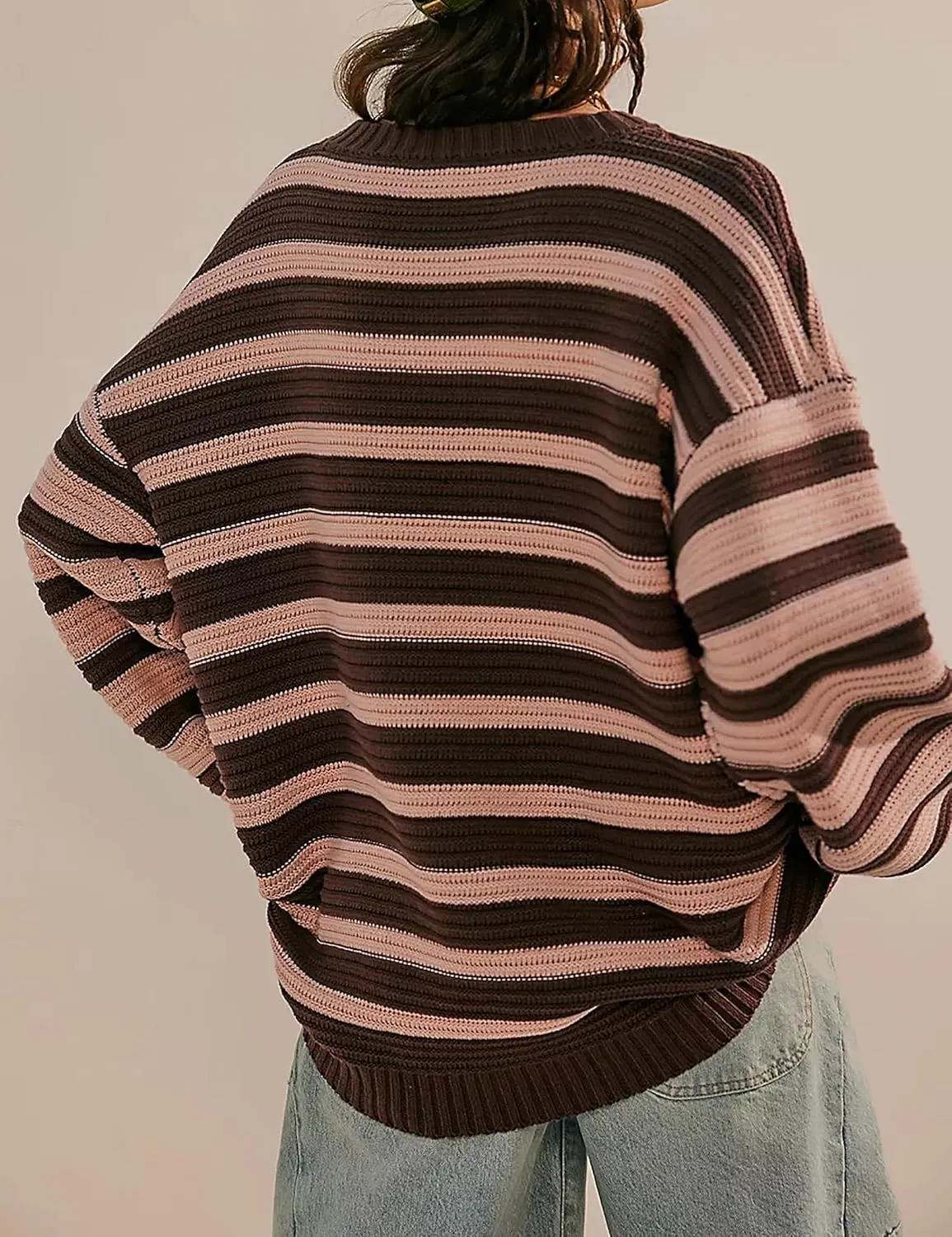 Women's Pullover Oversized Striped Sweaters 2025 Crewneck Batwing Long Sleeve Knit Tops Fall Winter Sweater Jumper