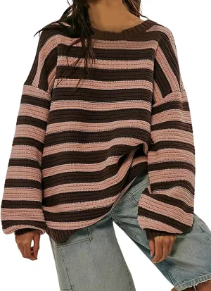 Women's Pullover Oversized Striped Sweaters 2025 Crewneck Batwing Long Sleeve Knit Tops Fall Winter Sweater Jumper