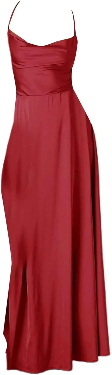 Women's Sexy Spaghetti Strap Dresses Prom Party Backless Sleeveless High Slit Maxi Dress Bodycon Cocktail Evening Gown Dress