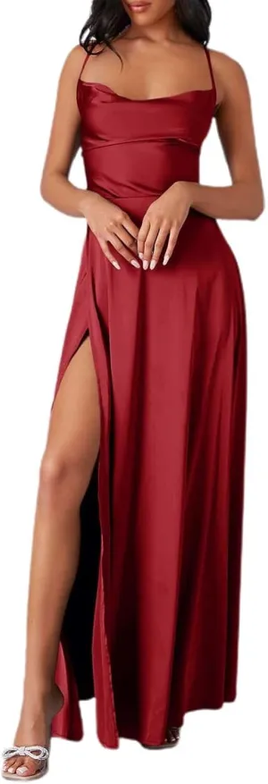 Women's Sexy Spaghetti Strap Dresses Prom Party Backless Sleeveless High Slit Maxi Dress Bodycon Cocktail Evening Gown Dress