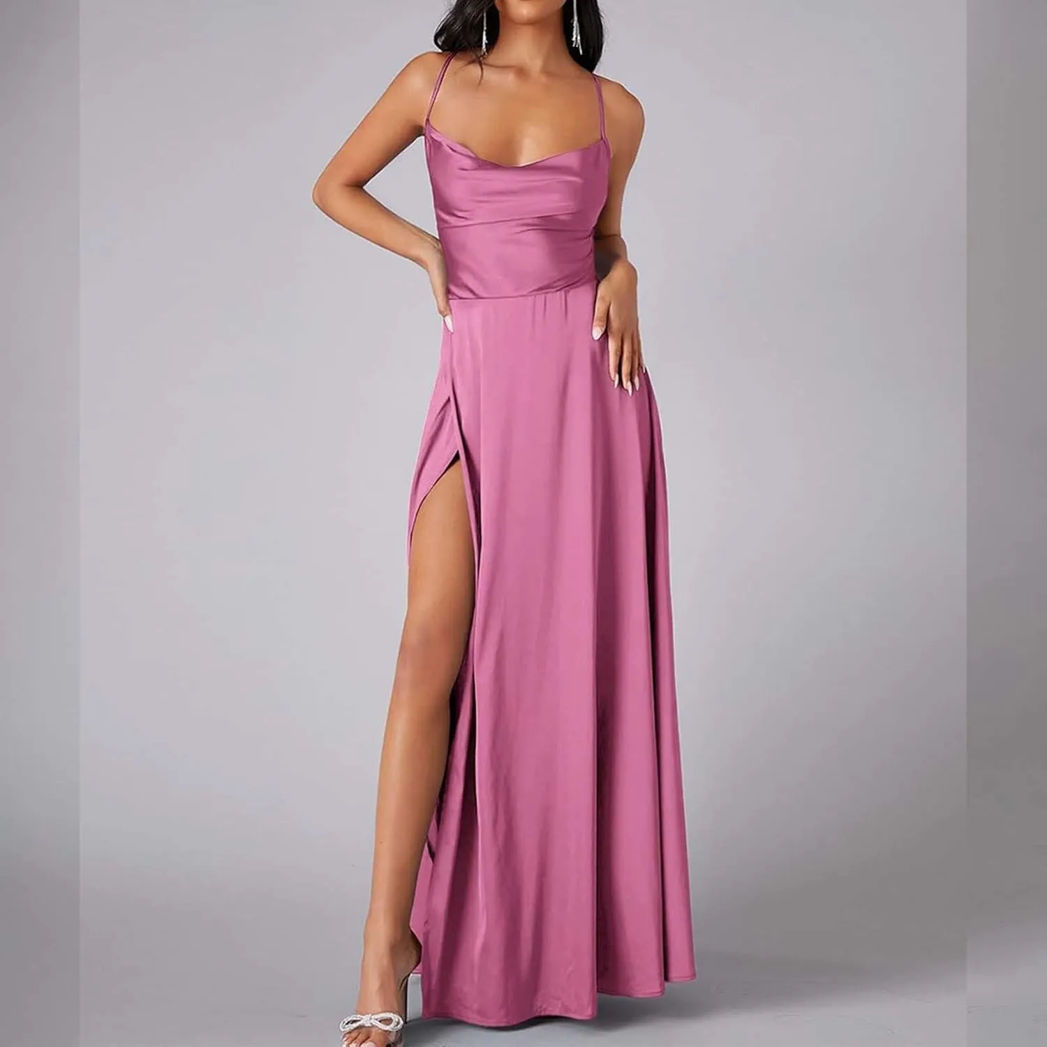 Women's Sexy Spaghetti Strap Dresses Prom Party Backless Sleeveless High Slit Maxi Dress Bodycon Cocktail Evening Gown Dress