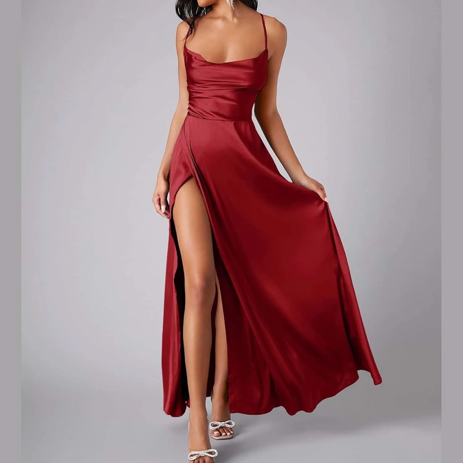 Women's Sexy Spaghetti Strap Dresses Prom Party Backless Sleeveless High Slit Maxi Dress Bodycon Cocktail Evening Gown Dress