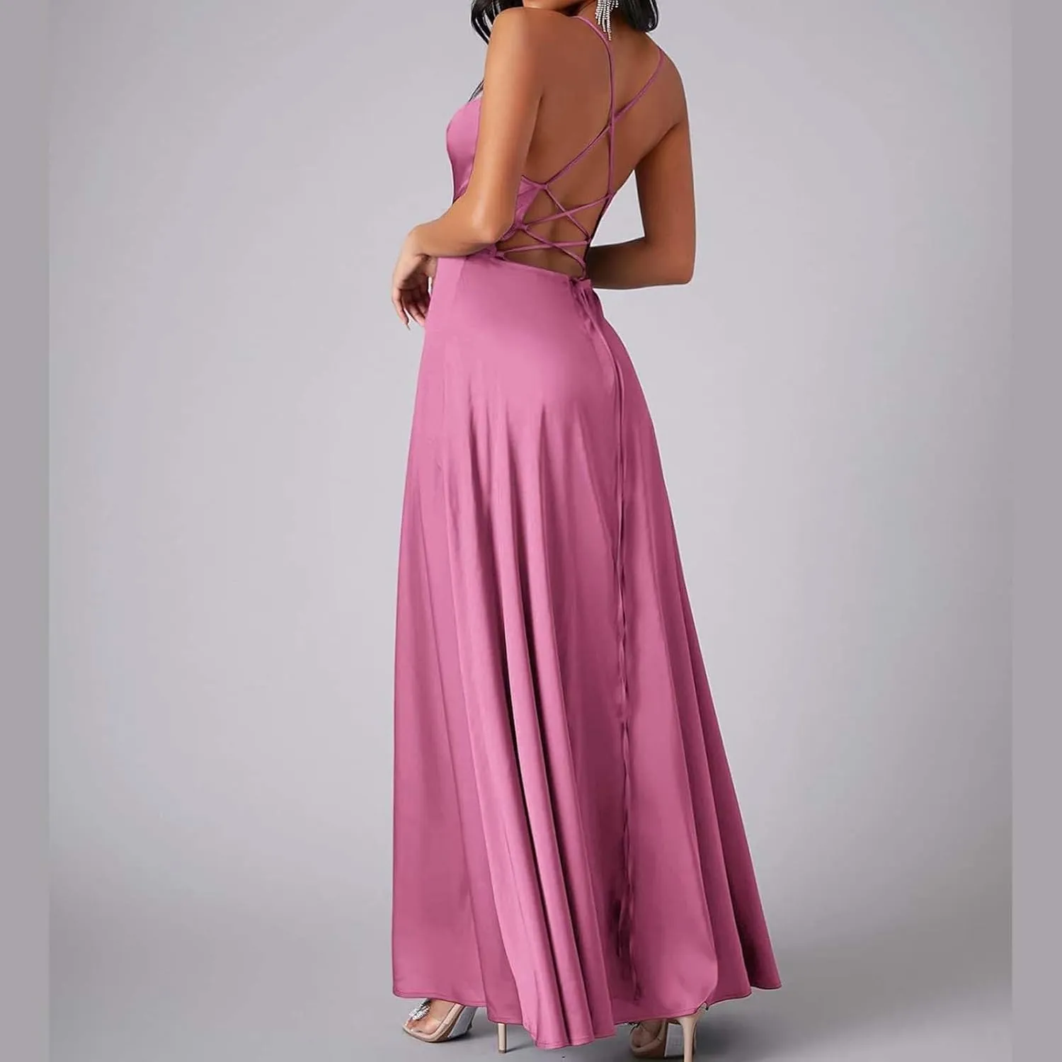 Women's Sexy Spaghetti Strap Dresses Prom Party Backless Sleeveless High Slit Maxi Dress Bodycon Cocktail Evening Gown Dress