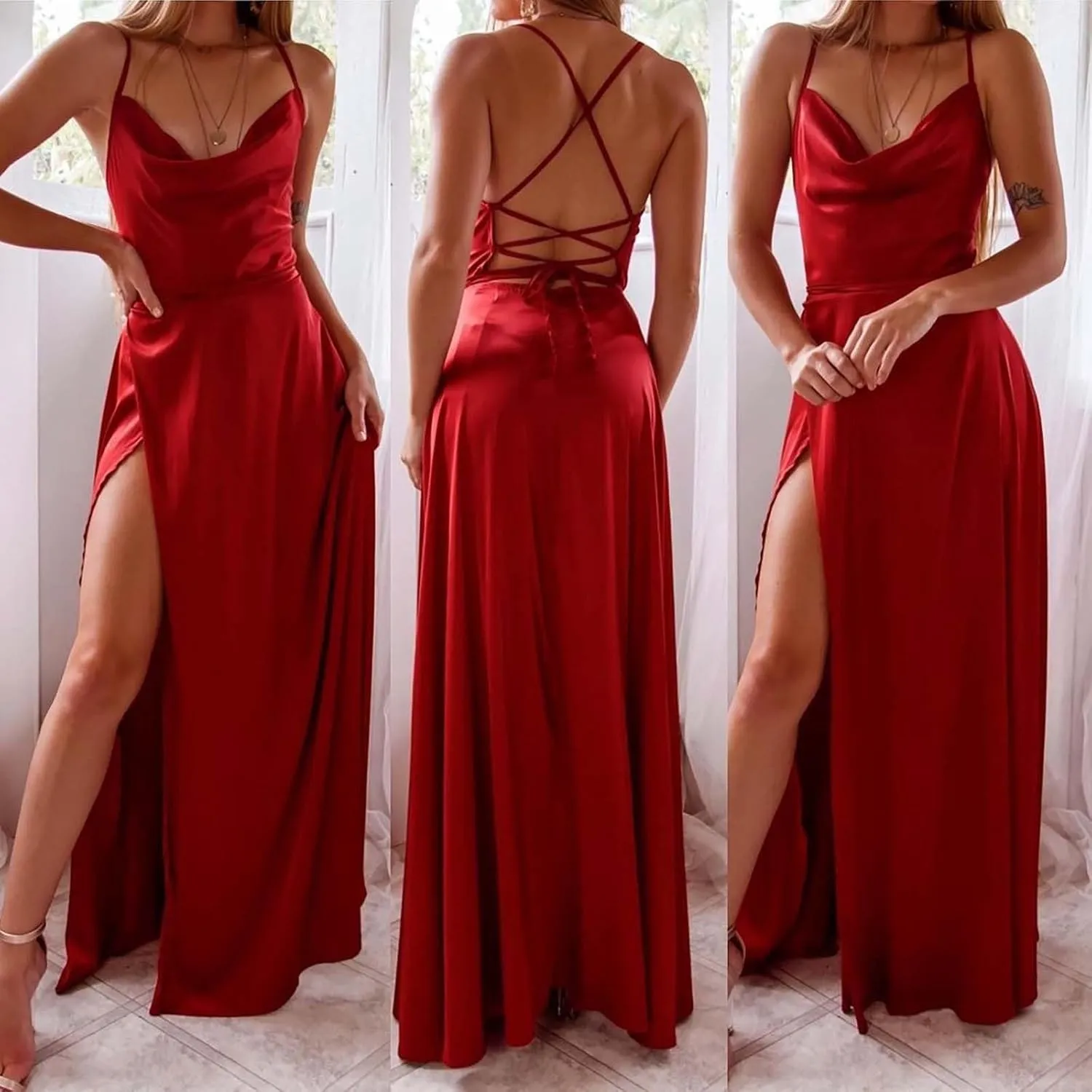 Women's Sexy Spaghetti Strap Dresses Prom Party Backless Sleeveless High Slit Maxi Dress Bodycon Cocktail Evening Gown Dress