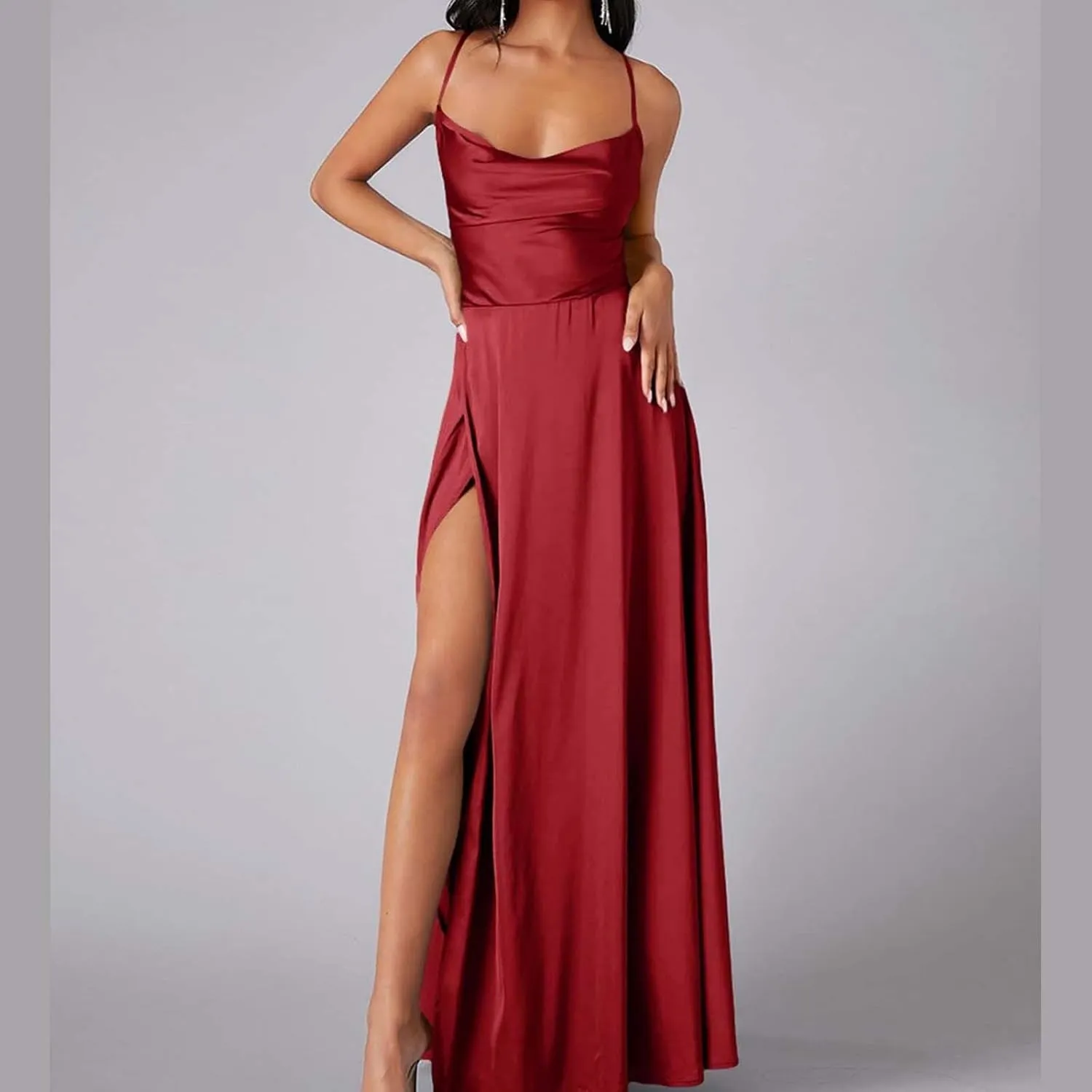 Women's Sexy Spaghetti Strap Dresses Prom Party Backless Sleeveless High Slit Maxi Dress Bodycon Cocktail Evening Gown Dress