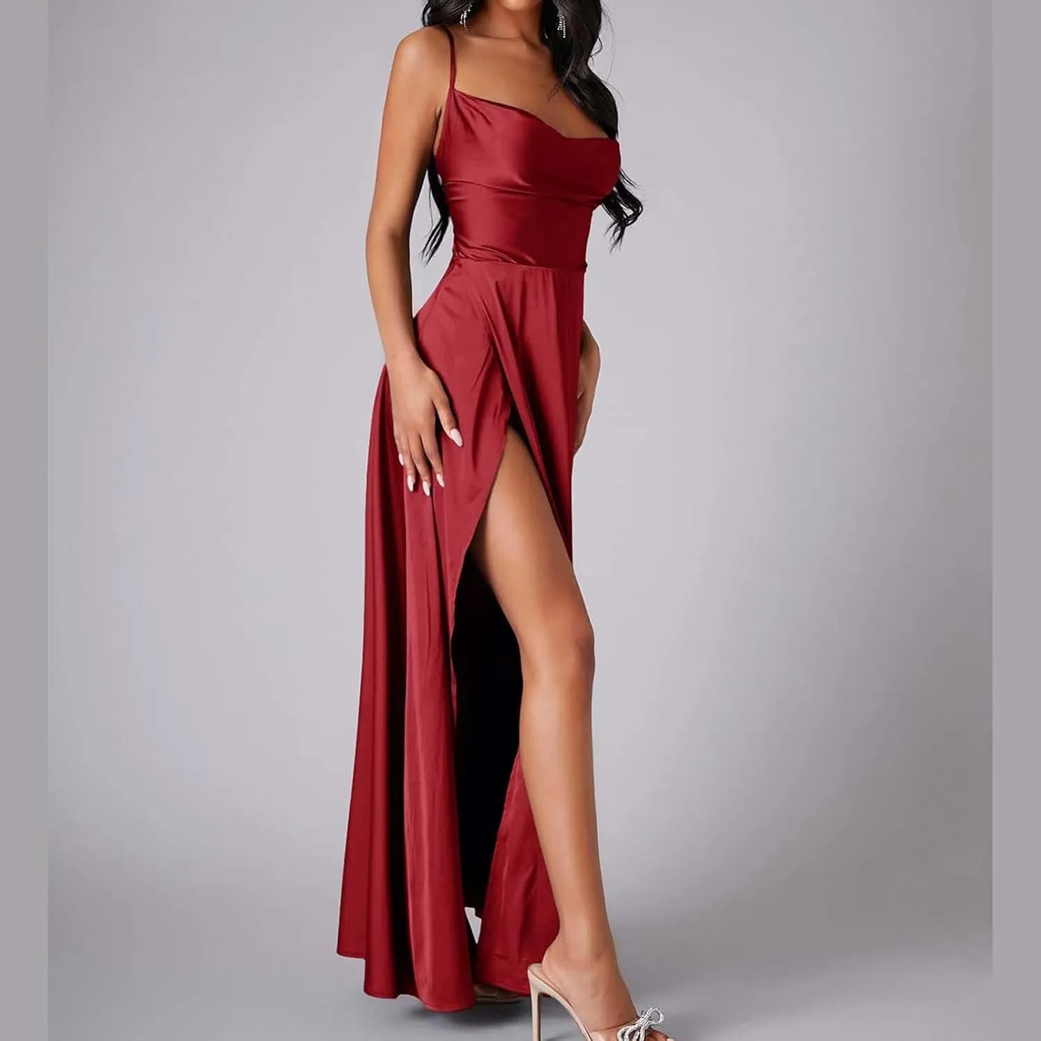 Women's Sexy Spaghetti Strap Dresses Prom Party Backless Sleeveless High Slit Maxi Dress Bodycon Cocktail Evening Gown Dress