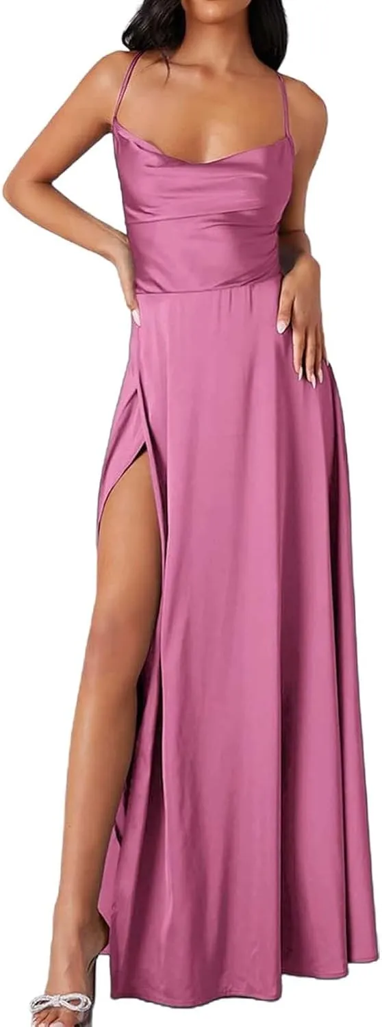 Women's Sexy Spaghetti Strap Dresses Prom Party Backless Sleeveless High Slit Maxi Dress Bodycon Cocktail Evening Gown Dress