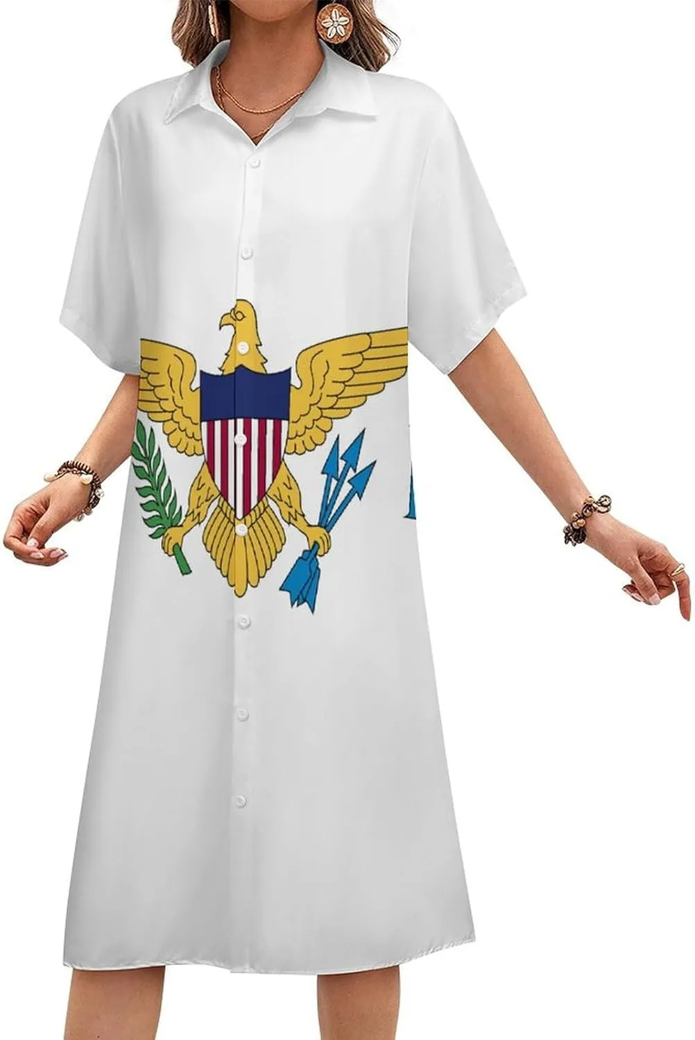 Women's Short Sleeve Collared Simple Button Down Shirt Dress 2025 Summer British Flag Long Dresses