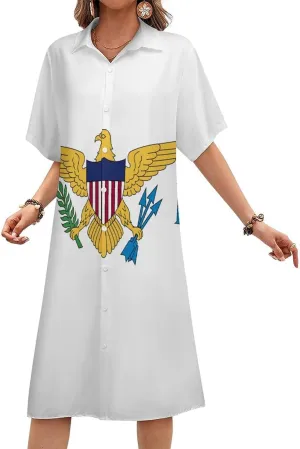 Women's Short Sleeve Collared Simple Button Down Shirt Dress 2025 Summer British Flag Long Dresses