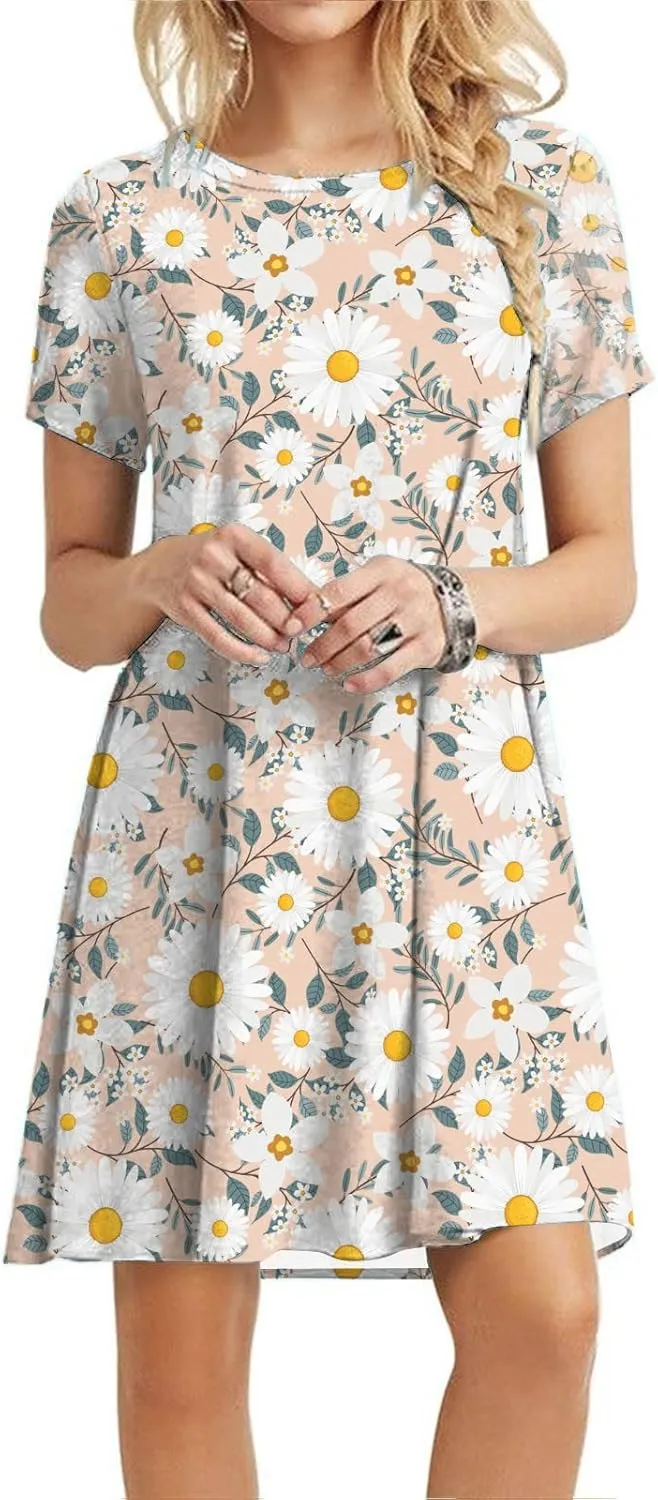 Women's Short Sleeve Crewneck Beach Dress Cute Flower Graphic Print Sundresses Loose Casual Summer Dress