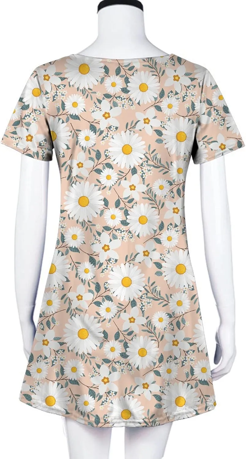 Women's Short Sleeve Crewneck Beach Dress Cute Flower Graphic Print Sundresses Loose Casual Summer Dress