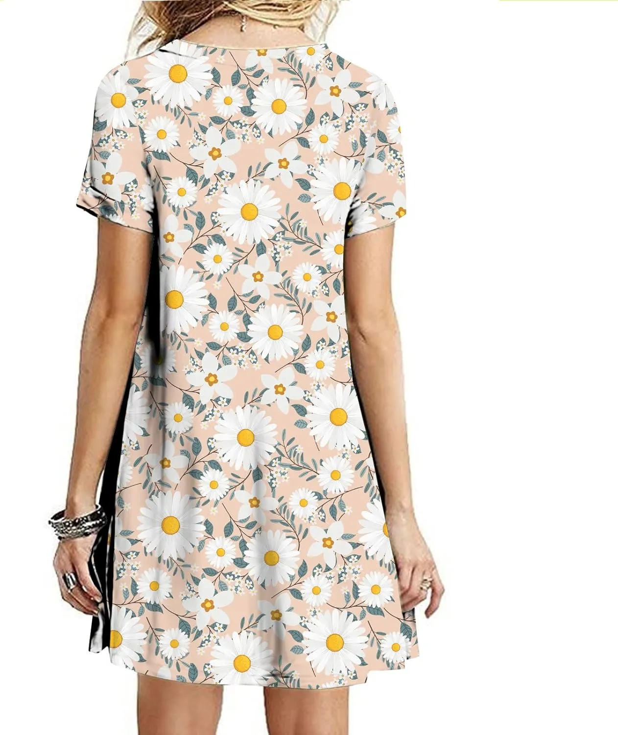 Women's Short Sleeve Crewneck Beach Dress Cute Flower Graphic Print Sundresses Loose Casual Summer Dress