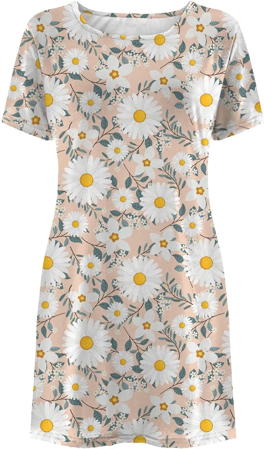 Women's Short Sleeve Crewneck Beach Dress Cute Flower Graphic Print Sundresses Loose Casual Summer Dress