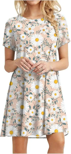 Women's Short Sleeve Crewneck Beach Dress Cute Flower Graphic Print Sundresses Loose Casual Summer Dress