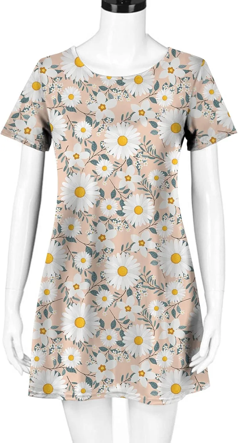 Women's Short Sleeve Crewneck Beach Dress Cute Flower Graphic Print Sundresses Loose Casual Summer Dress