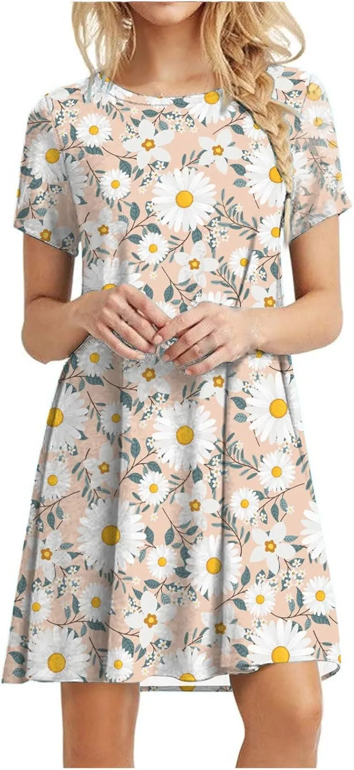 Women's Short Sleeve Crewneck Beach Dress Cute Flower Graphic Print Sundresses Loose Casual Summer Dress