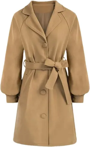 Women's Single Breasted LApel Wool Blend Coat Winter Long RagLAn Sleeve Pea Coat Jacket